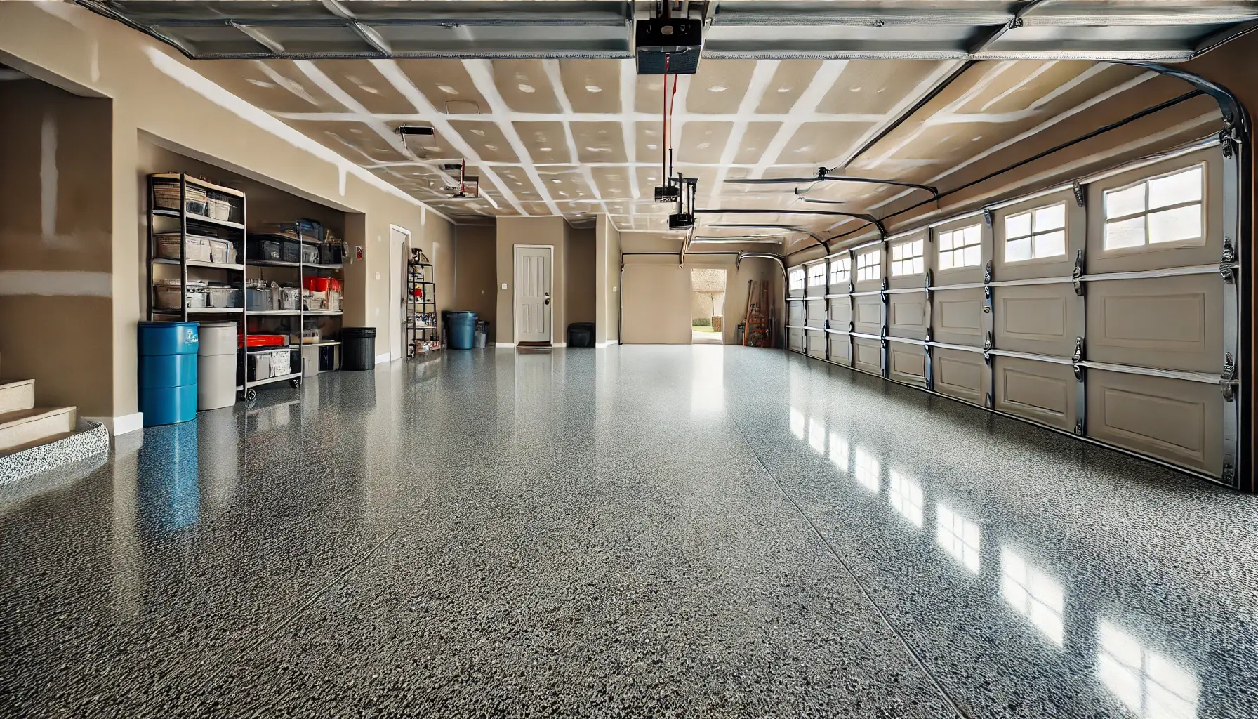 Fresh polyaspartic flake floor, clean and glossy